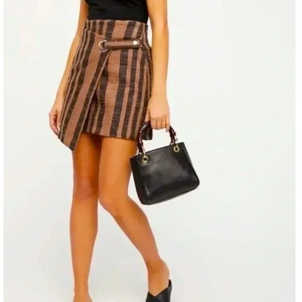 Free People Wrap Mini Skirt M Brown Stripe Asymmetrical Boho Cottage Festival